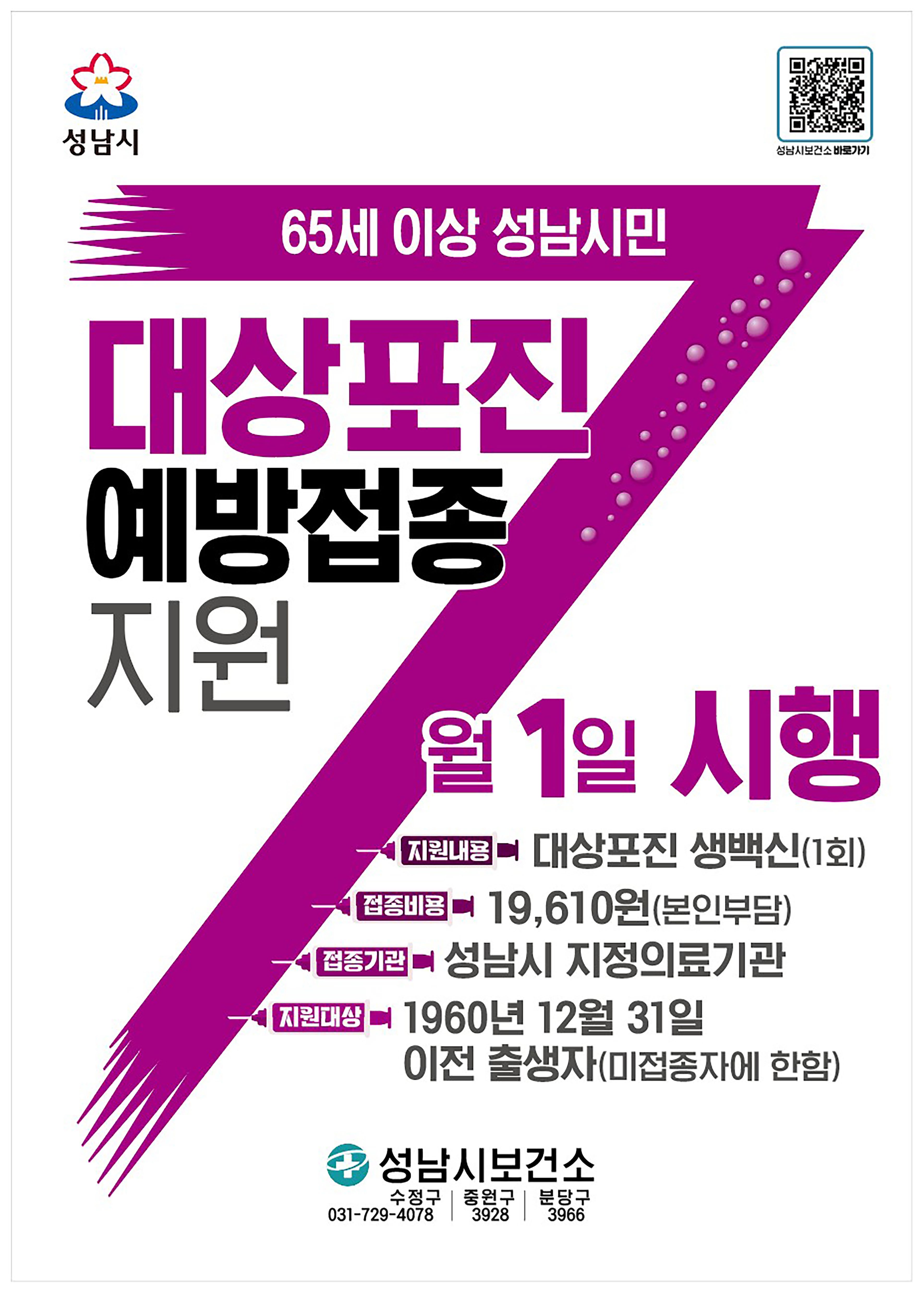 성남시 ‘대상포진 예방 접종 지원’ 65세 이상 모든 시민으로 확대